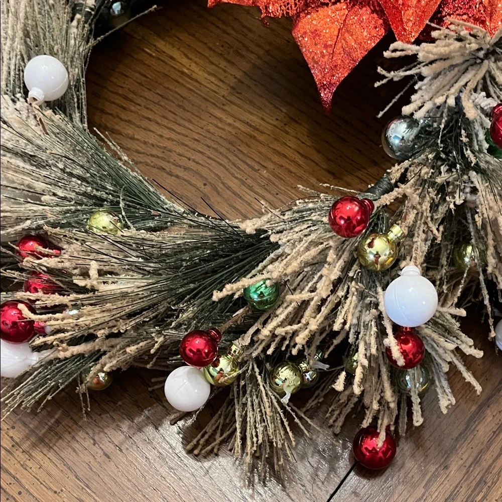 Festive Holiday Wreath with Red Poinsettia‎